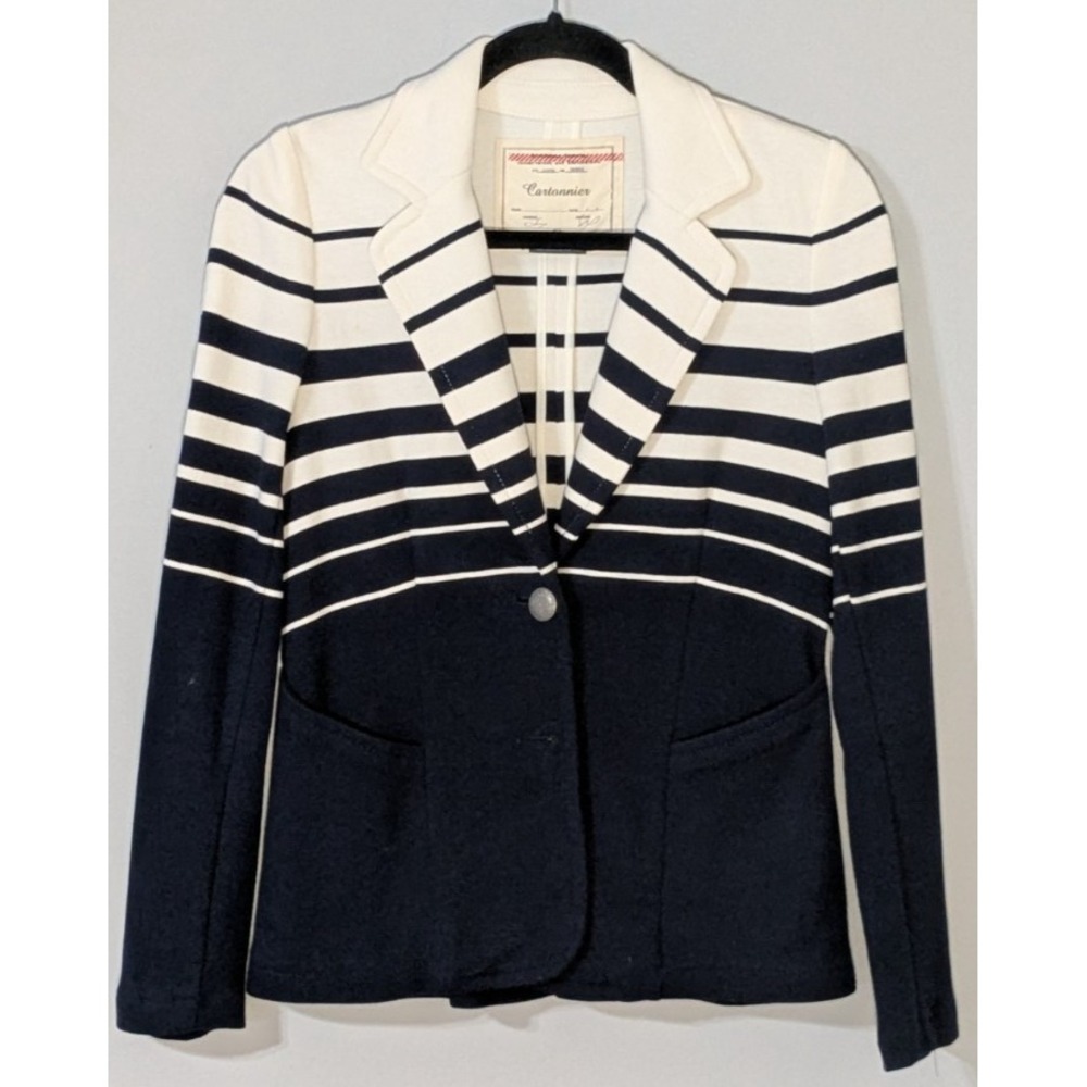 Anthropologie Cartonnier Navy & Cream Stripe Knit Blazer Small Quiet Luxury
